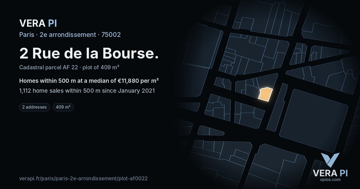 2 Rue de la Bourse, 2e arrondissement at night – the plot lit, the parcels around coloured by the prices near them