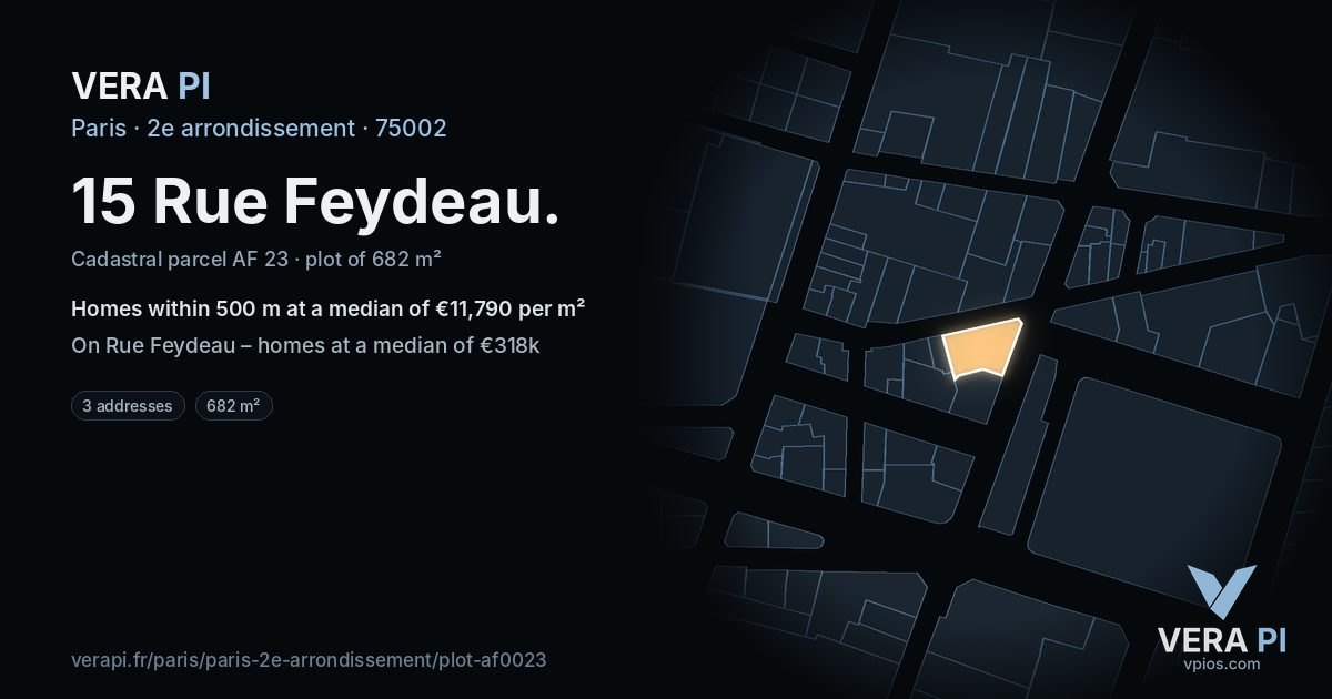 15 Rue Feydeau, 2e arrondissement at night – the plot lit, the parcels around coloured by the prices near them
