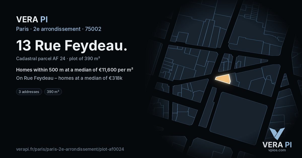 13 Rue Feydeau, 2e arrondissement at night – the plot lit, the parcels around coloured by the prices near them