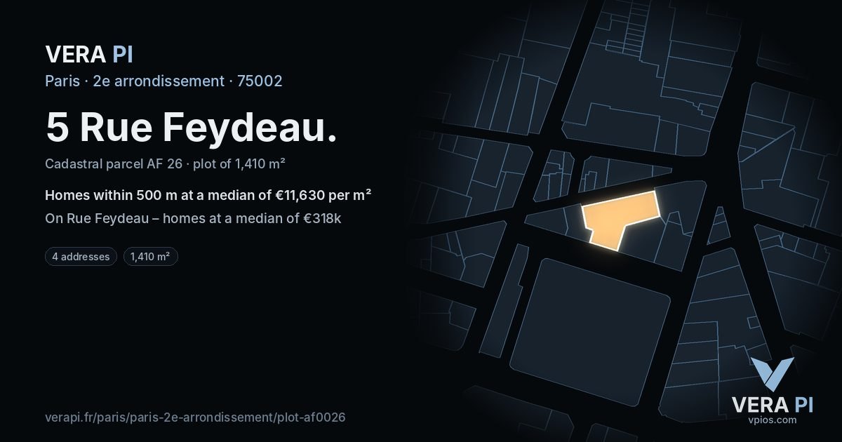 5 Rue Feydeau, 2e arrondissement at night – the plot lit, the parcels around coloured by the prices near them