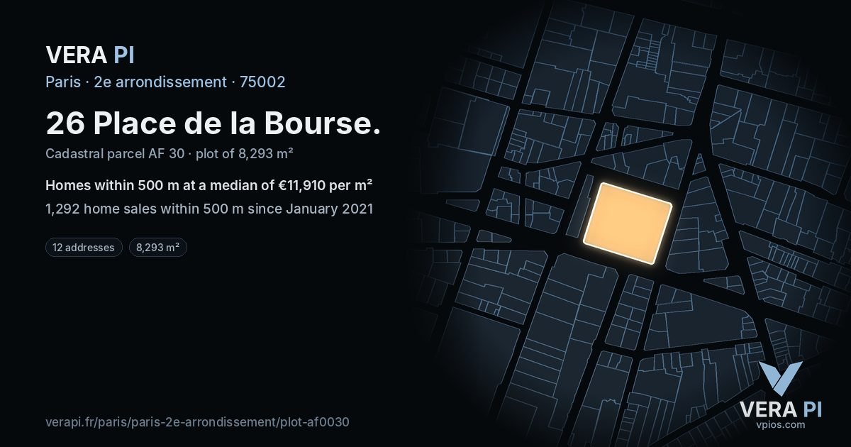 26 Place de la Bourse, 2e arrondissement at night – the plot lit, the parcels around coloured by the prices near them