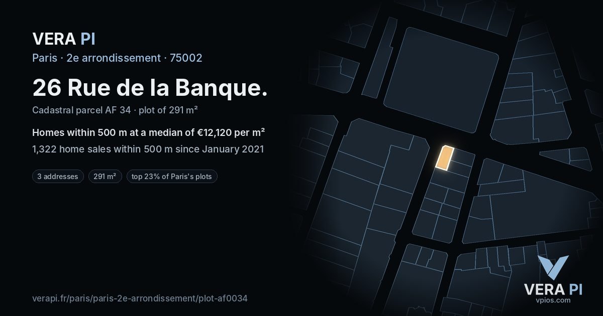 26 Rue de la Banque, 2e arrondissement at night – the plot lit, the parcels around coloured by the prices near them