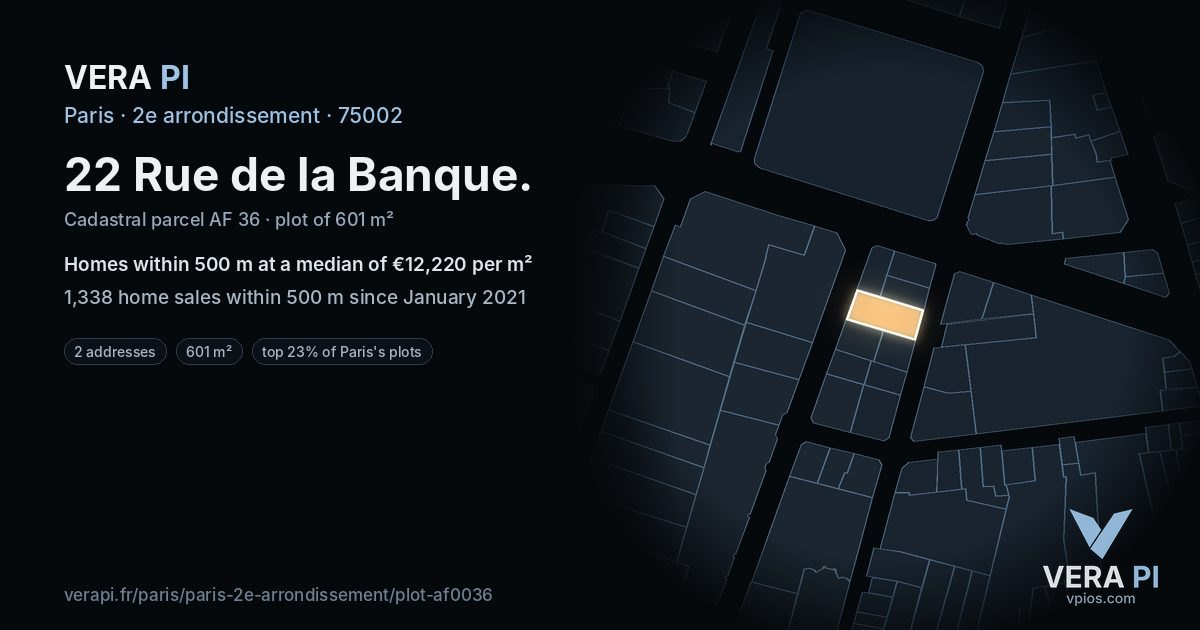 22 Rue de la Banque, 2e arrondissement at night – the plot lit, the parcels around coloured by the prices near them