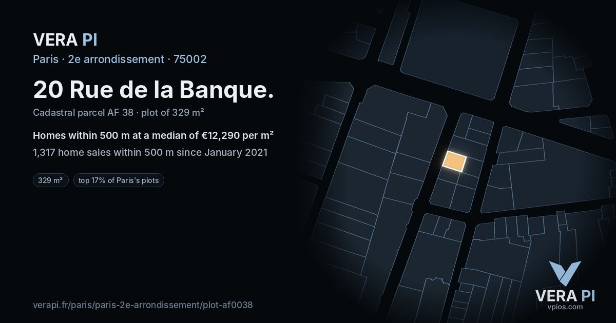 20 Rue de la Banque, 2e arrondissement at night – the plot lit, the parcels around coloured by the prices near them