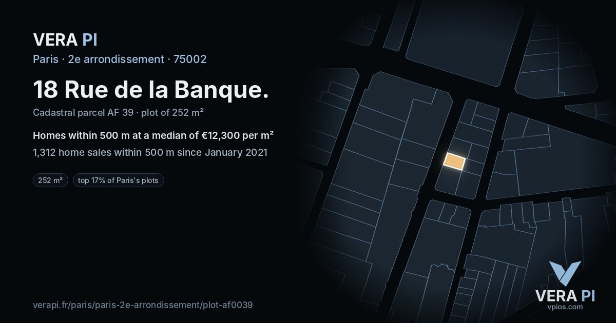 18 Rue de la Banque, 2e arrondissement at night – the plot lit, the parcels around coloured by the prices near them