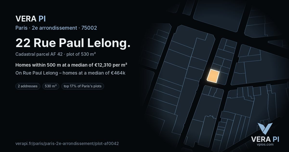 22 Rue Paul Lelong, 2e arrondissement at night – the plot lit, the parcels around coloured by the prices near them