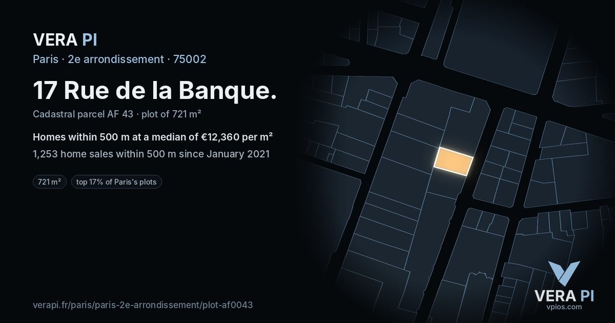 17 Rue de la Banque, 2e arrondissement at night – the plot lit, the parcels around coloured by the prices near them