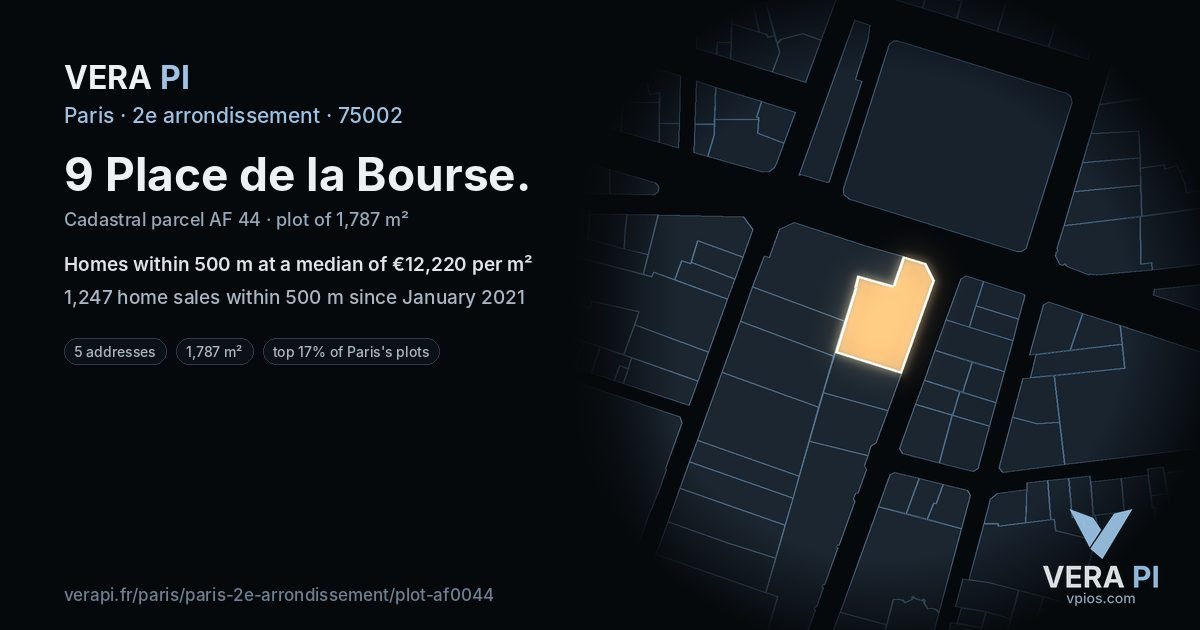 9 Place de la Bourse, 2e arrondissement at night – the plot lit, the parcels around coloured by the prices near them