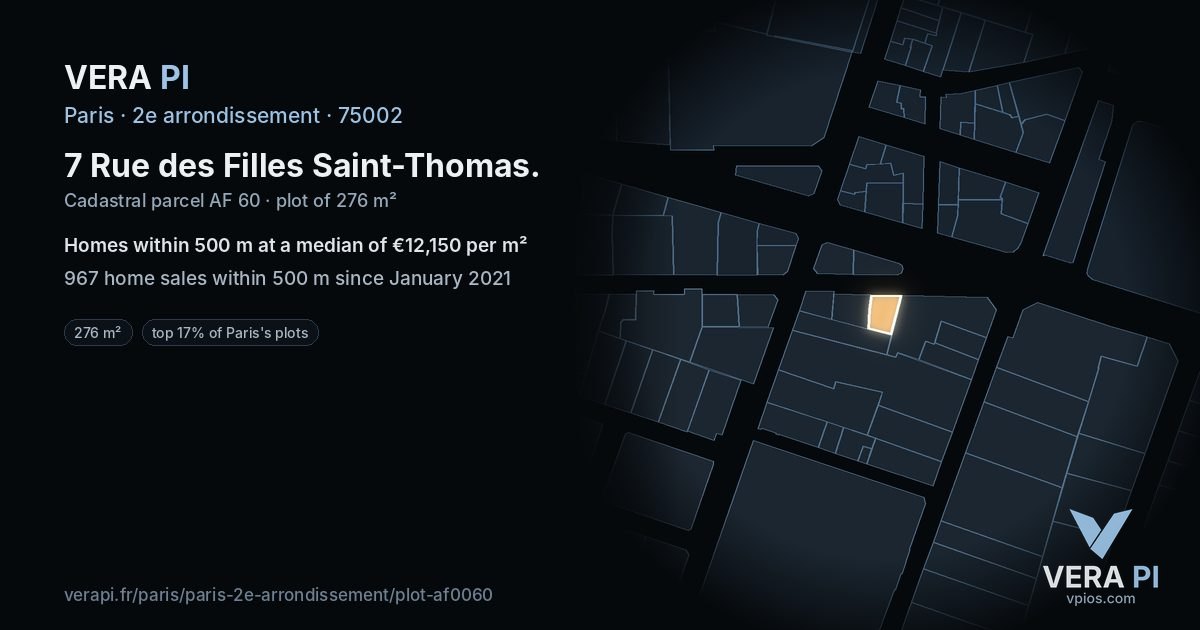 7 Rue des Filles Saint-Thomas, 2e arrondissement at night – the plot lit, the parcels around coloured by the prices near them
