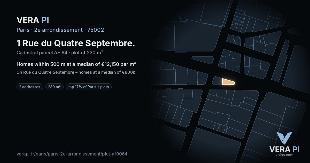 1 Rue du Quatre Septembre, 2e arrondissement at night – the plot lit, the parcels around coloured by the prices near them