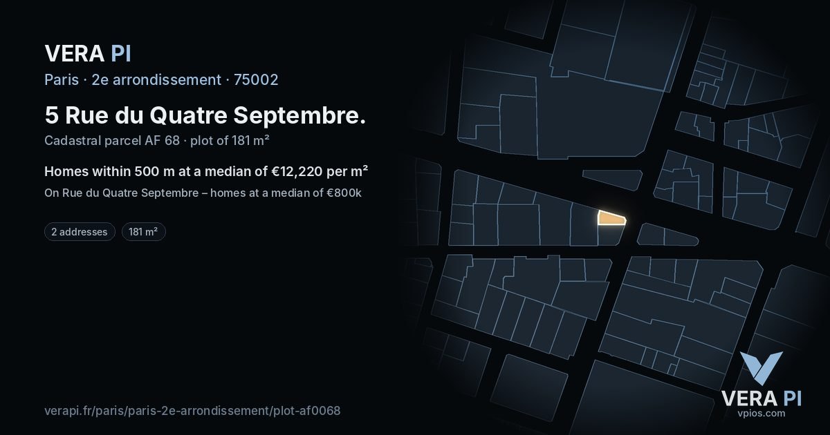 5 Rue du Quatre Septembre, 2e arrondissement at night – the plot lit, the parcels around coloured by the prices near them