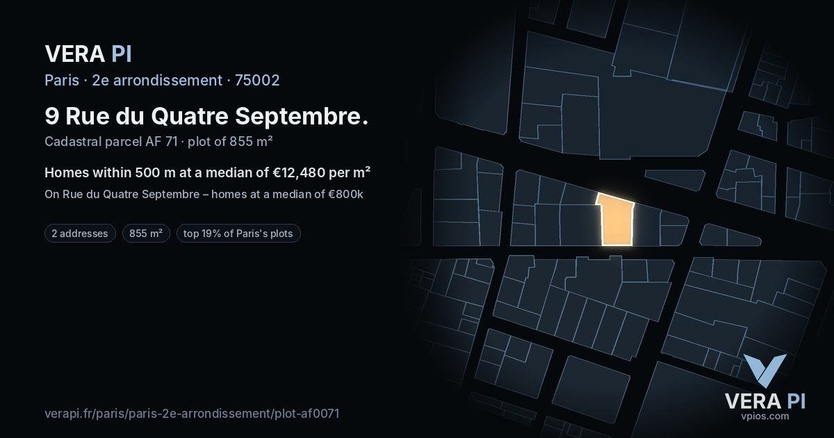 9 Rue du Quatre Septembre, 2e arrondissement at night – the plot lit, the parcels around coloured by the prices near them