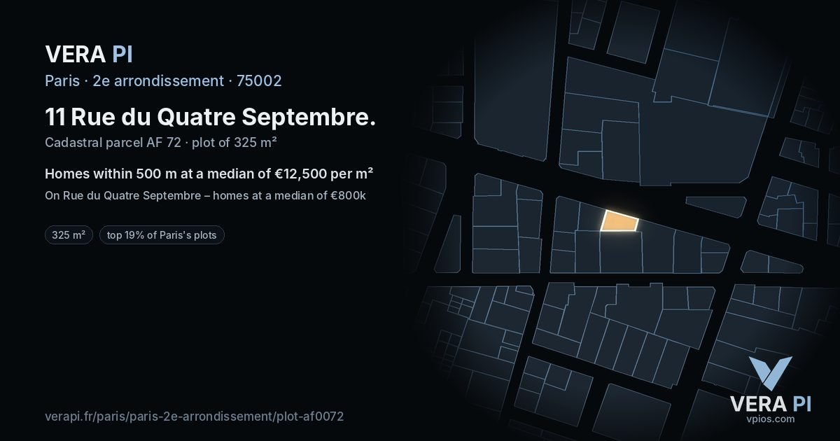 11 Rue du Quatre Septembre, 2e arrondissement at night – the plot lit, the parcels around coloured by the prices near them