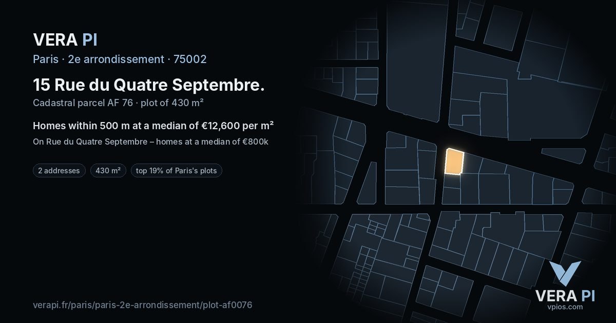 15 Rue du Quatre Septembre, 2e arrondissement at night – the plot lit, the parcels around coloured by the prices near them