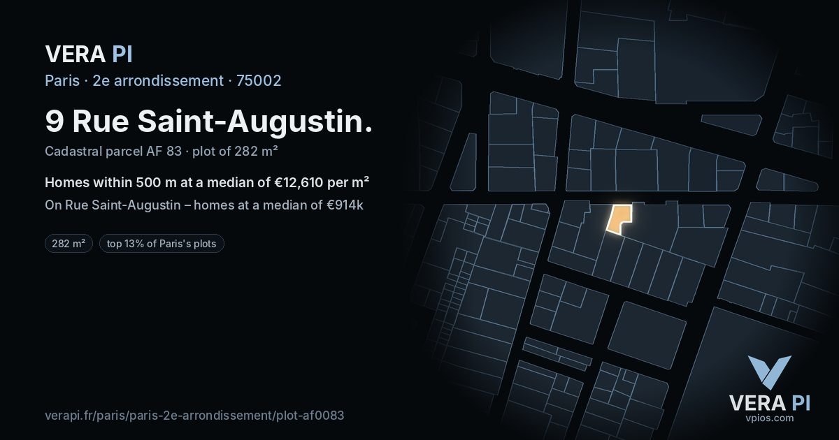 9 Rue Saint-Augustin, 2e arrondissement at night – the plot lit, the parcels around coloured by the prices near them