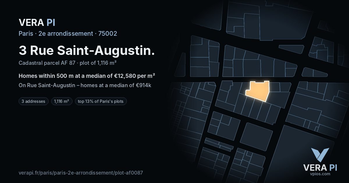 3 Rue Saint-Augustin, 2e arrondissement at night – the plot lit, the parcels around coloured by the prices near them