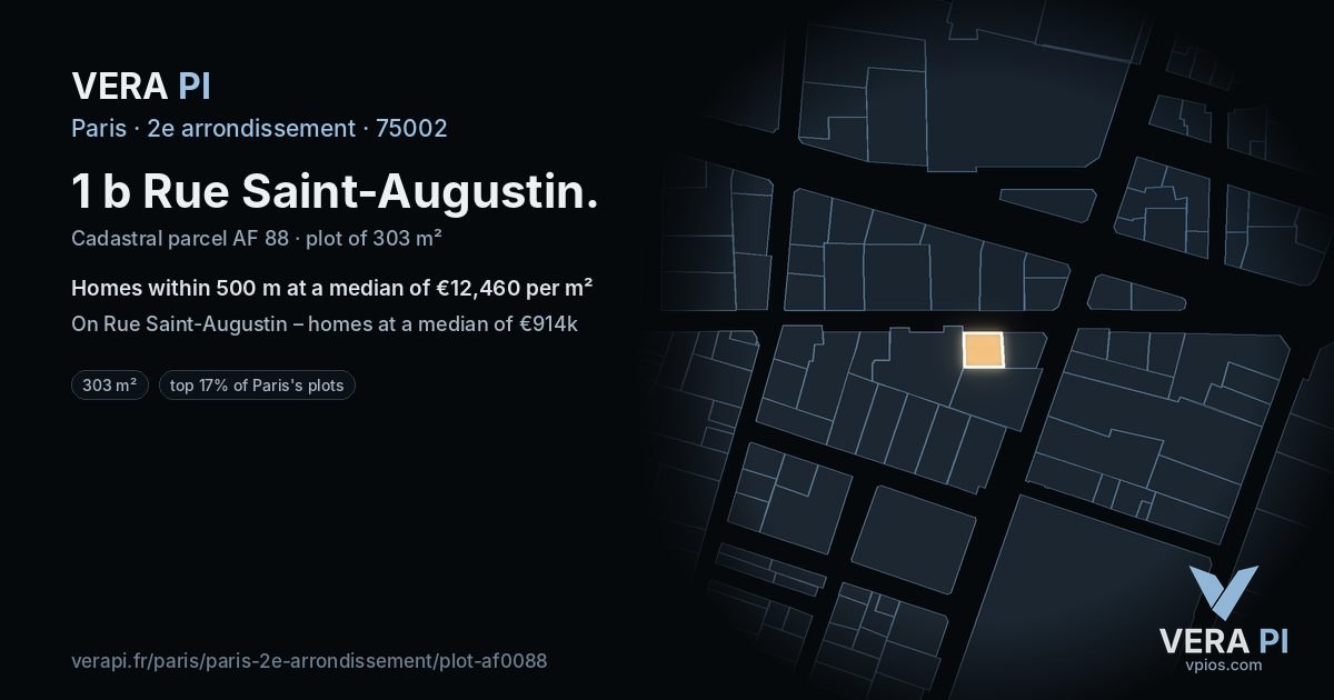 1 b Rue Saint-Augustin, 2e arrondissement at night – the plot lit, the parcels around coloured by the prices near them