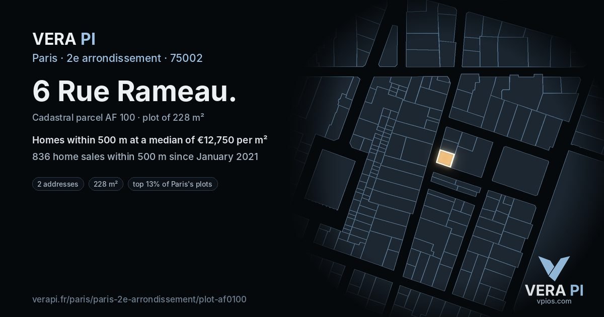 6 Rue Rameau, 2e arrondissement at night – the plot lit, the parcels around coloured by the prices near them