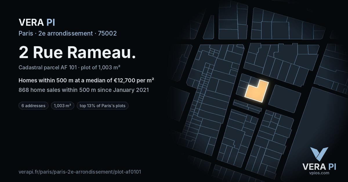 2 Rue Rameau, 2e arrondissement at night – the plot lit, the parcels around coloured by the prices near them