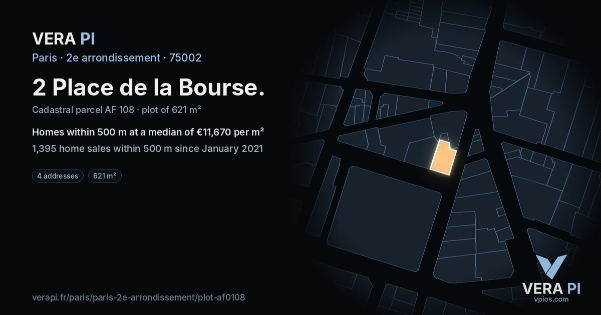 2 Place de la Bourse, 2e arrondissement at night – the plot lit, the parcels around coloured by the prices near them