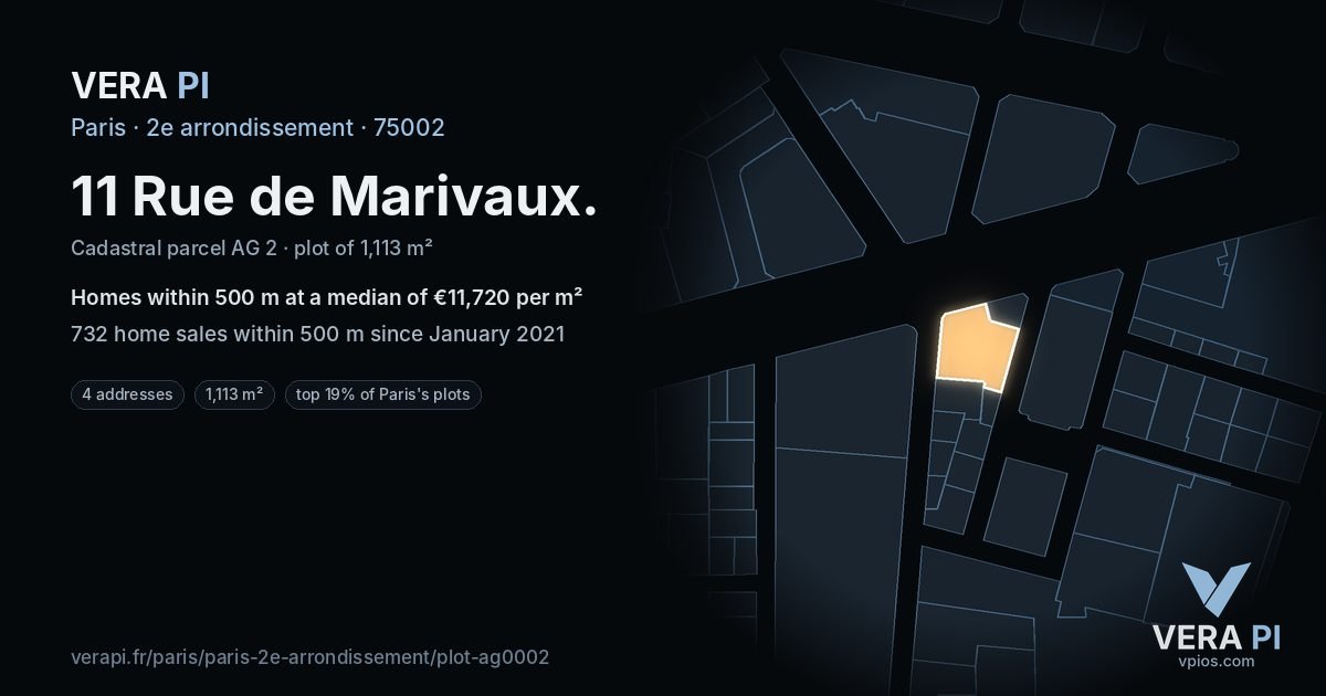 11 Rue de Marivaux, 2e arrondissement at night – the plot lit, the parcels around coloured by the prices near them