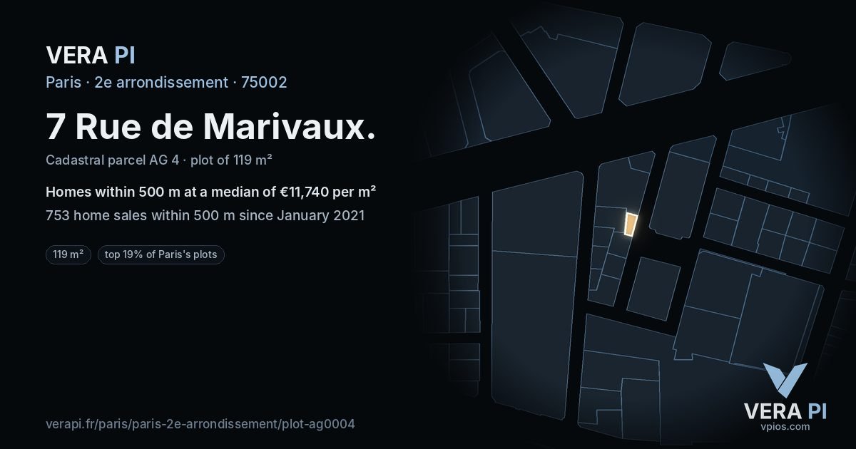 7 Rue de Marivaux, 2e arrondissement at night – the plot lit, the parcels around coloured by the prices near them
