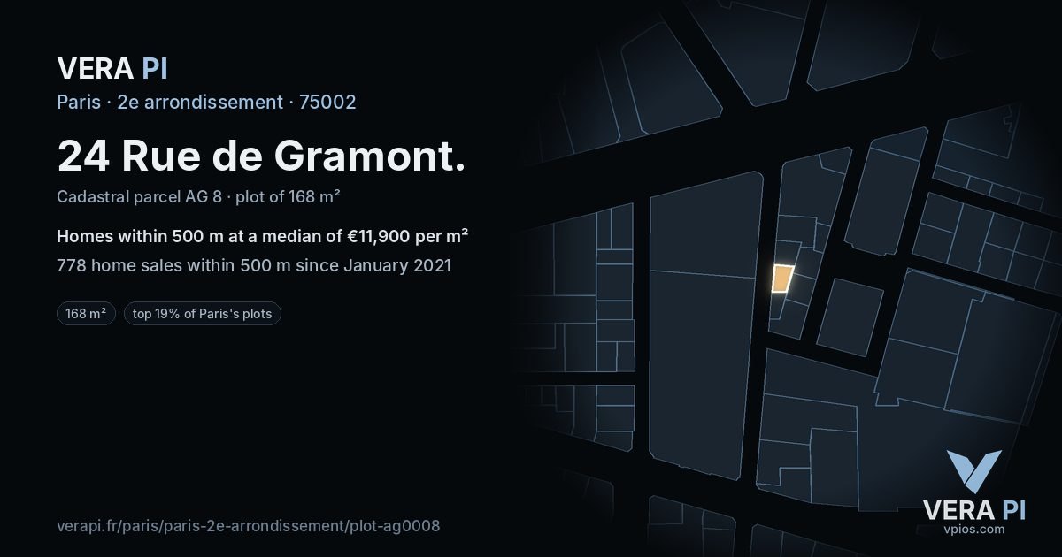24 Rue de Gramont, 2e arrondissement at night – the plot lit, the parcels around coloured by the prices near them