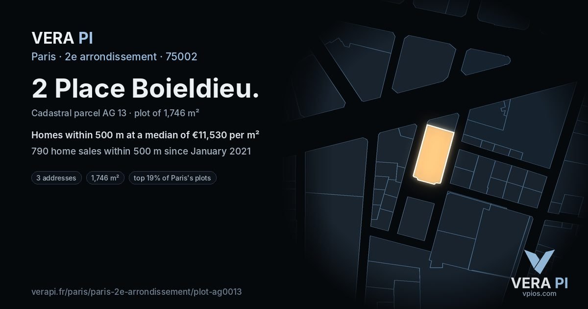2 Place Boieldieu, 2e arrondissement at night – the plot lit, the parcels around coloured by the prices near them
