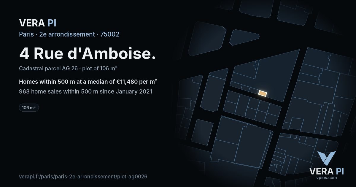 4 Rue d'Amboise, 2e arrondissement at night – the plot lit, the parcels around coloured by the prices near them
