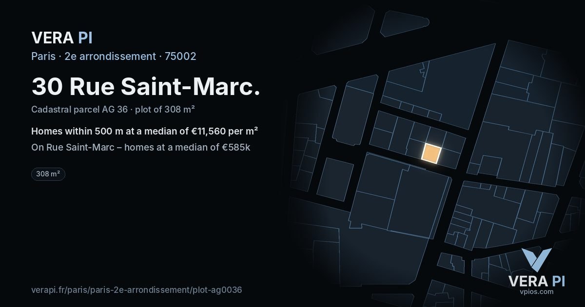 30 Rue Saint-Marc, 2e arrondissement at night – the plot lit, the parcels around coloured by the prices near them