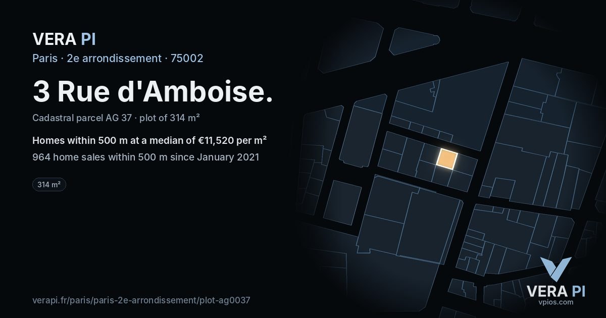 3 Rue d'Amboise, 2e arrondissement at night – the plot lit, the parcels around coloured by the prices near them