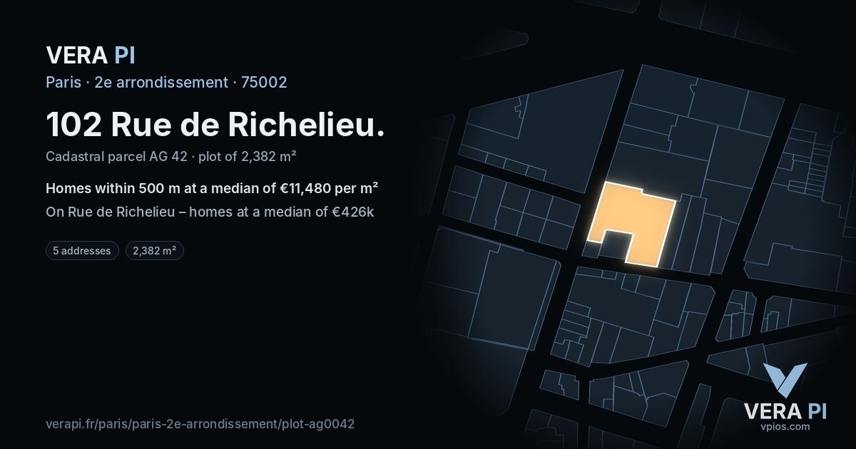 102 Rue de Richelieu, 2e arrondissement at night – the plot lit, the parcels around coloured by the prices near them