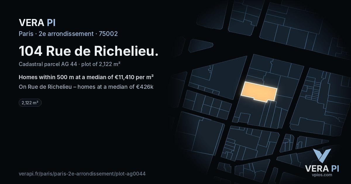 104 Rue de Richelieu, 2e arrondissement at night – the plot lit, the parcels around coloured by the prices near them