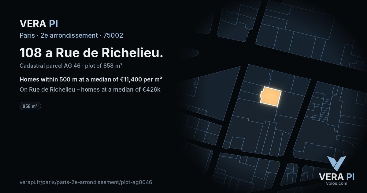 108 a Rue de Richelieu, 2e arrondissement at night – the plot lit, the parcels around coloured by the prices near them