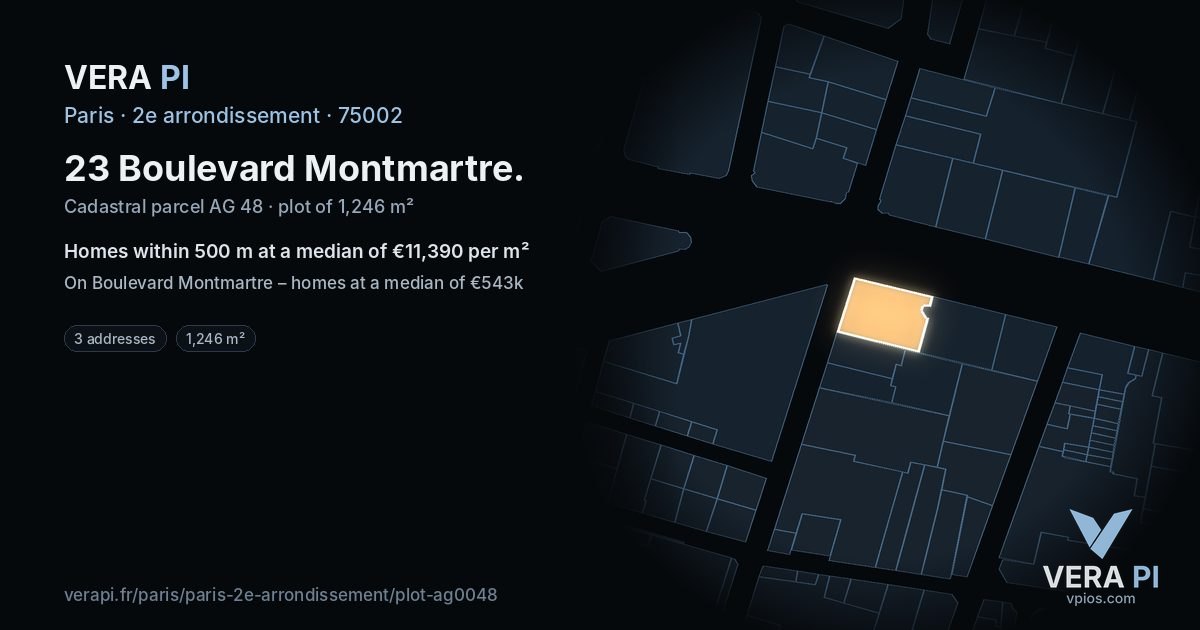 23 Boulevard Montmartre, 2e arrondissement at night – the plot lit, the parcels around coloured by the prices near them