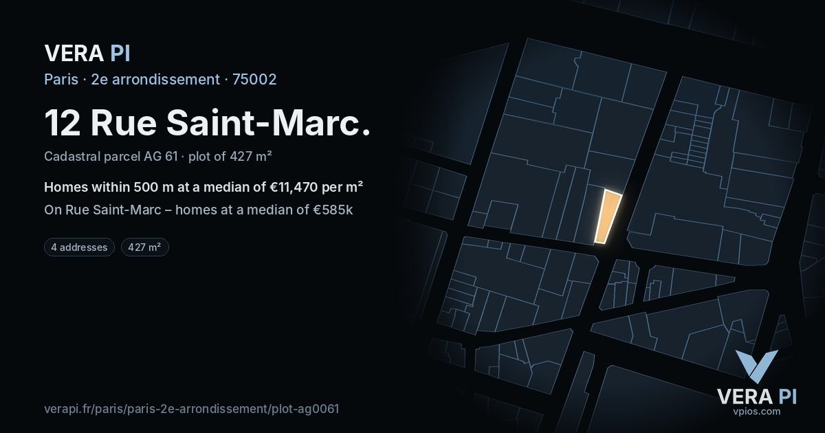 12 Rue Saint-Marc, 2e arrondissement at night – the plot lit, the parcels around coloured by the prices near them