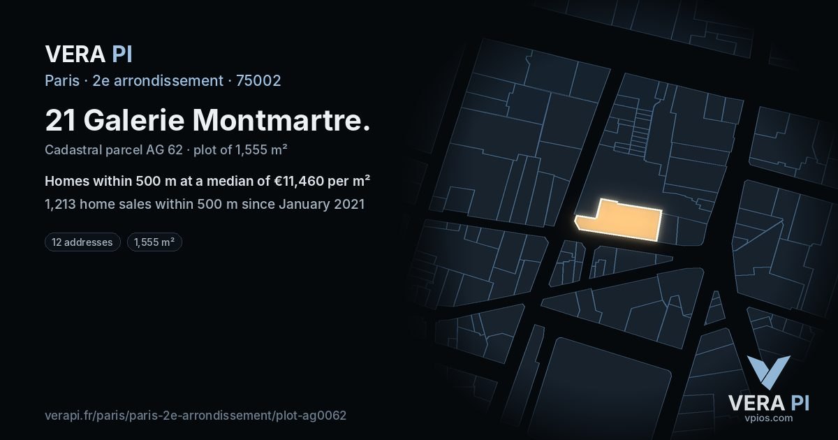21 Galerie Montmartre, 2e arrondissement at night – the plot lit, the parcels around coloured by the prices near them