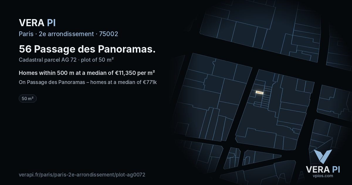 56 Passage des Panoramas, 2e arrondissement at night – the plot lit, the parcels around coloured by the prices near them