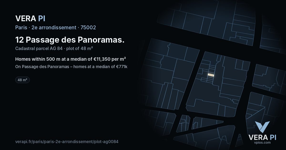 12 Passage des Panoramas, 2e arrondissement at night – the plot lit, the parcels around coloured by the prices near them