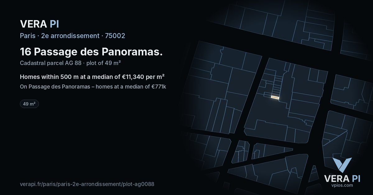16 Passage des Panoramas, 2e arrondissement at night – the plot lit, the parcels around coloured by the prices near them