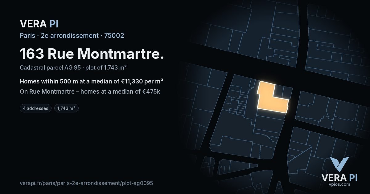 163 Rue Montmartre, 2e arrondissement at night – the plot lit, the parcels around coloured by the prices near them
