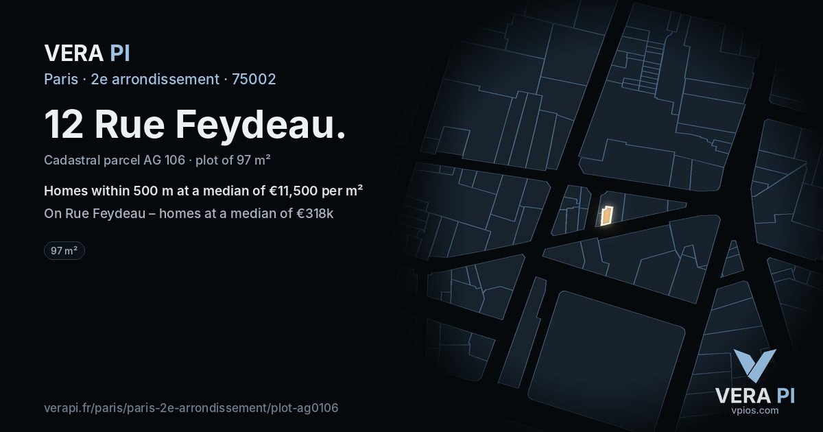 12 Rue Feydeau, 2e arrondissement at night – the plot lit, the parcels around coloured by the prices near them