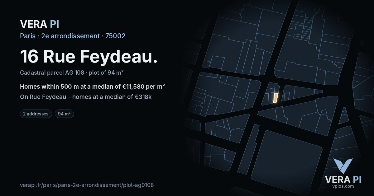 16 Rue Feydeau, 2e arrondissement at night – the plot lit, the parcels around coloured by the prices near them