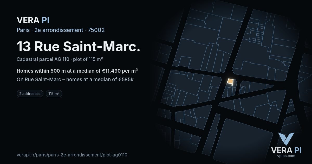 13 Rue Saint-Marc, 2e arrondissement at night – the plot lit, the parcels around coloured by the prices near them