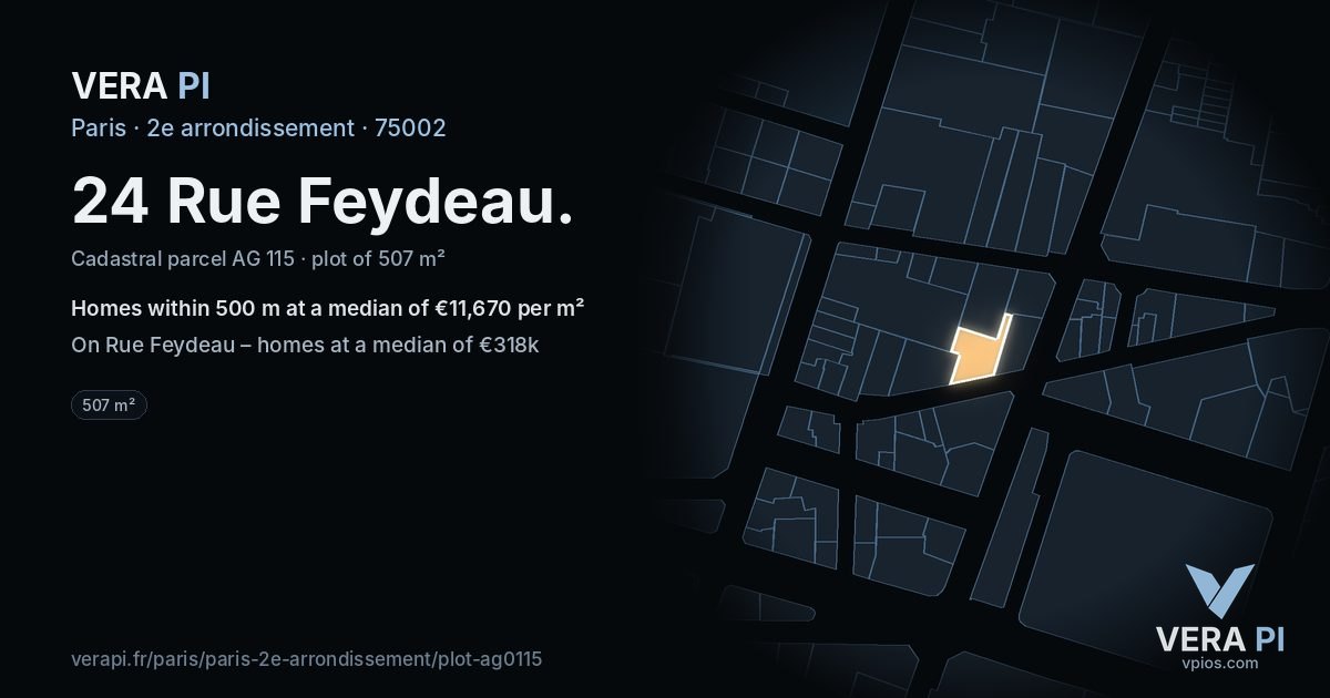 24 Rue Feydeau, 2e arrondissement at night – the plot lit, the parcels around coloured by the prices near them