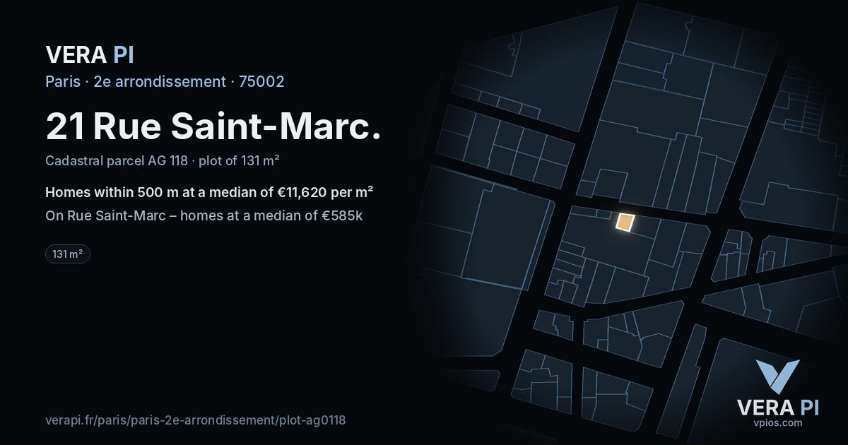 21 Rue Saint-Marc, 2e arrondissement at night – the plot lit, the parcels around coloured by the prices near them