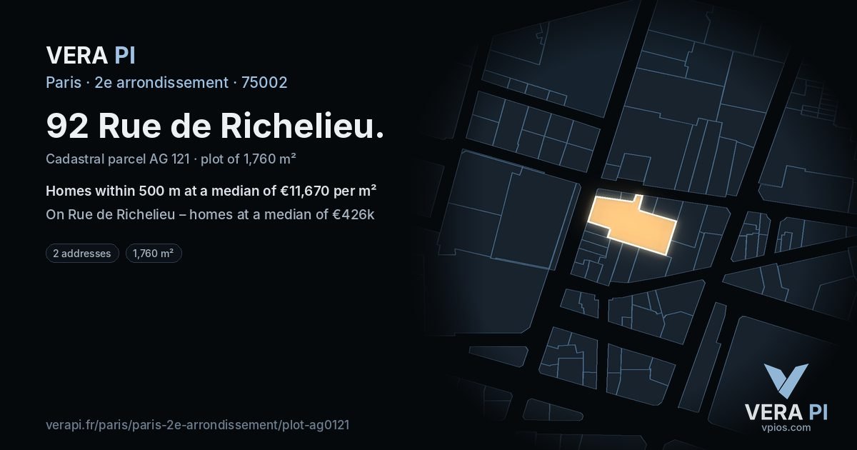 92 Rue de Richelieu, 2e arrondissement at night – the plot lit, the parcels around coloured by the prices near them