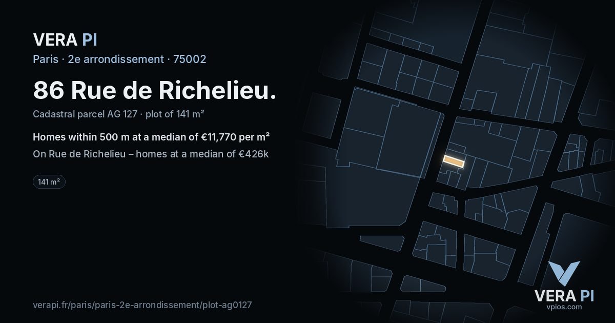 86 Rue de Richelieu, 2e arrondissement at night – the plot lit, the parcels around coloured by the prices near them