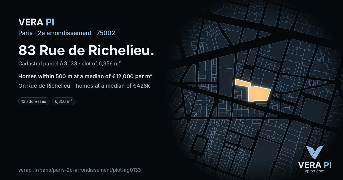 83 Rue de Richelieu, 2e arrondissement at night – the plot lit, the parcels around coloured by the prices near them