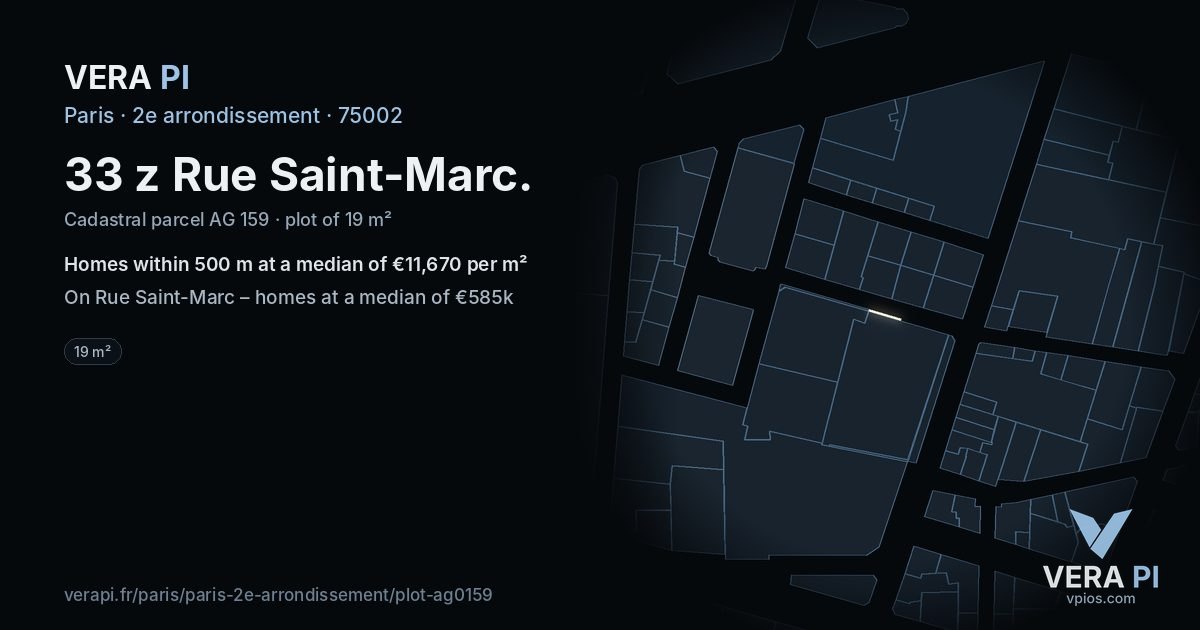 33 z Rue Saint-Marc, 2e arrondissement at night – the plot lit, the parcels around coloured by the prices near them